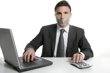 Silence with tape on mouth, businessman office clipart