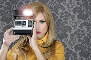 Fashion photographer retro camera reporter woman clipart