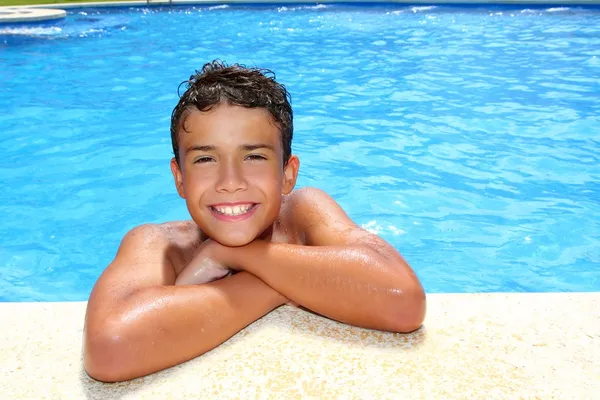 Boy happy teenager vacation swimming pool — Stock Photo, Image
