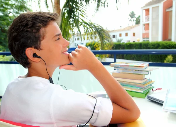 Boy teenager relaxed outdoor earphones — Stock Photo, Image
