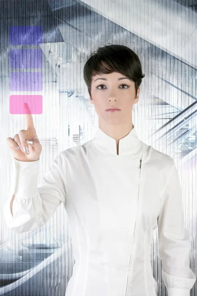 Futuristica donna d'affari ufficio touch pad dito — Foto Stock