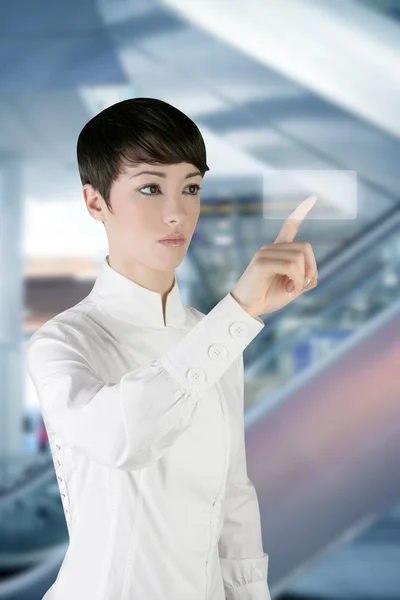 Futuristiska affärskvinna office finger touch pad — Stockfoto