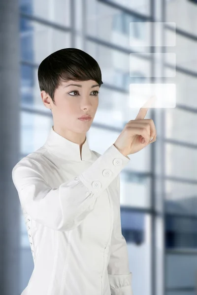 Futuriste bureau femme d'affaires doigt toucher pad — Photo