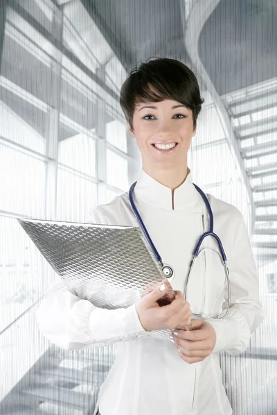 Moderne futur médecin femme stéthoscope sur argent — Photo