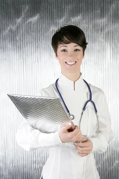 Nowoczesne przyszły lekarz stetoskop kobieta na srebro — Zdjęcie stockowe
