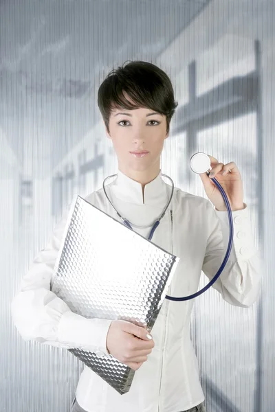 Modern future doctor woman stethoscope on silver — Stock Photo, Image