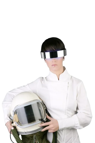 未来の宇宙船航空機宇宙飛行士のヘルメットの女性 — ストック写真