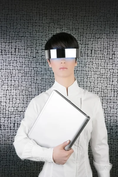 Futuristic businesswoman laptop silver future glasses — Stock Photo, Image