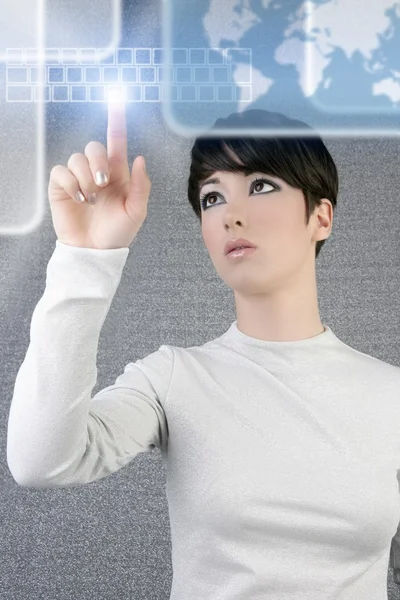 Futuristiska affärskvinna finger tangentbord ljus skärm — Stockfoto