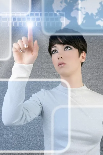 Futuristische zakenvrouw vinger toetsenbord licht scherm — Stockfoto