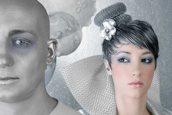 Fahion 化妆发型女人未来派银外星人 — 图库照片
