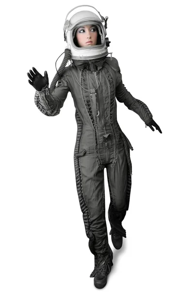 Astronaut fashion stand woman space suit helmet — Stock Photo, Image