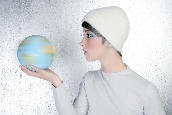 Fashion modern silver woman holding global map — Stock Photo, Image