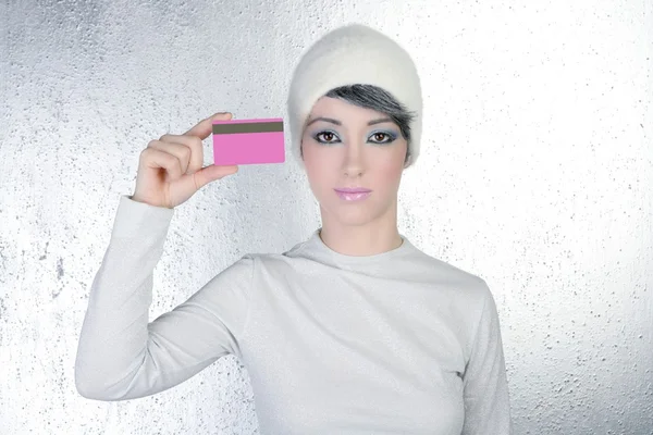 Zilveren winter vrouw roze visitekaartje — Stockfoto