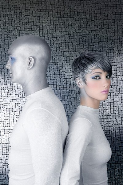 Alien silver future couple silver man fashion woman