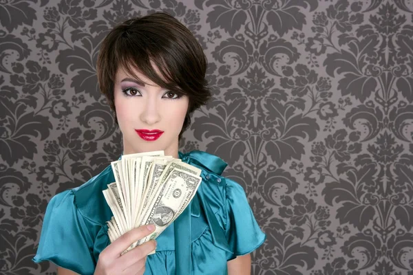 Mujer dólar de moda con muchas notas en la mano — Foto de Stock
