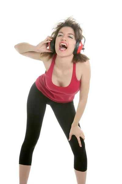 Mulher sexy bonita com fones de ouvido de segurança — Fotografia de Stock