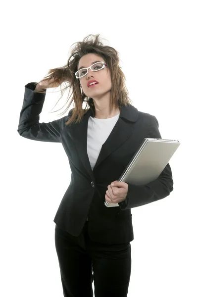 Mulher de negócios bonita com óculos e laptop — Fotografia de Stock
