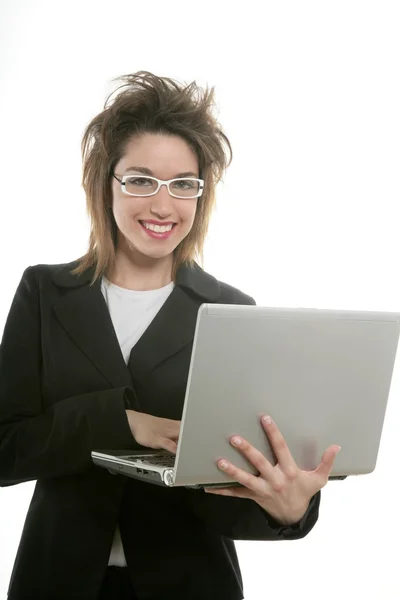 与眼镜和笔记本电脑的美丽女强人 — 图库照片