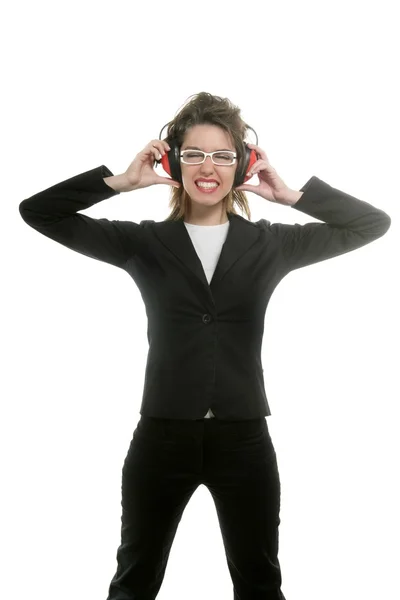 Geschäftsfrau mit Lärmschutz-Kopfhörern — Stockfoto