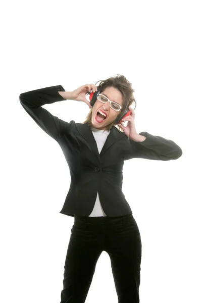 Zakenvrouw met lawaai veiligheid koptelefoon — Stockfoto