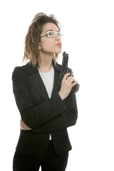 Businesswoman with messy hair and handgun — Stock Photo, Image