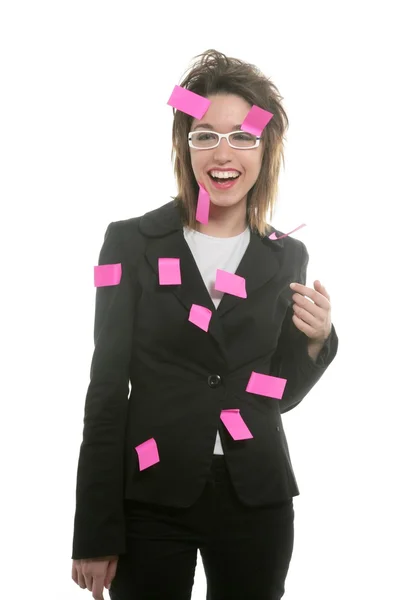 Επιχειρηματίας με πολλαπλών εργασιών ροζ σημειώσεις — Φωτογραφία Αρχείου
