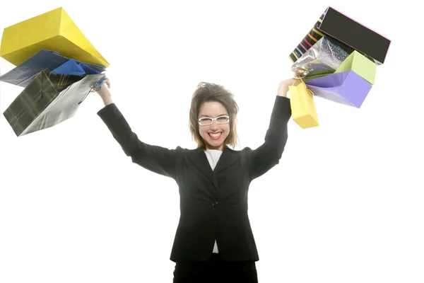 Mujer Shopaholic con coloridas bolsas de compras manos —  Fotos de Stock