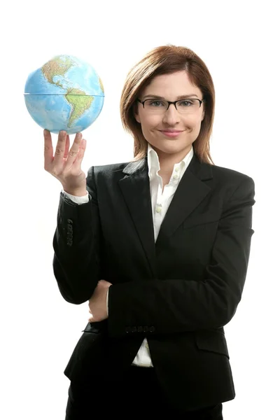 Retrato de mulher de negócios com mapa global — Fotografia de Stock