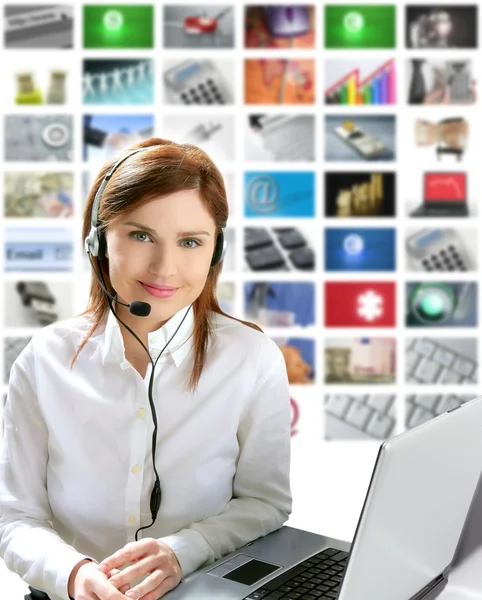 Business redhead beautiful woman headphones tech helpdesk — Stock Photo, Image