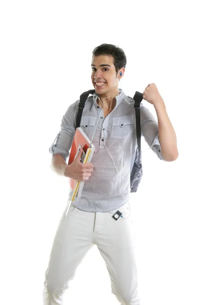 Щасливий студентський стрибок з речами в руці — стокове фото