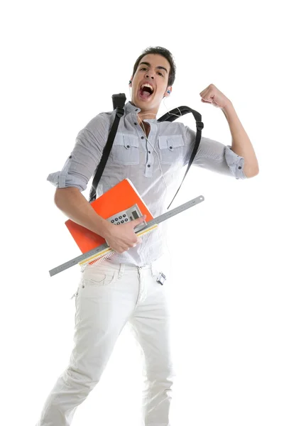 Happy student jump with college stuff in hand — Stock Photo, Image