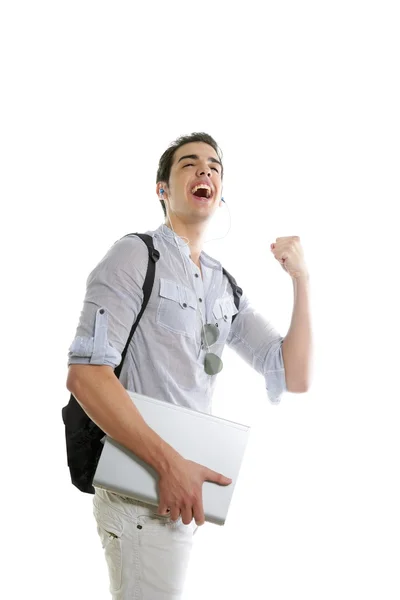 Щасливий студент позитивний жест з ноутбуком — стокове фото