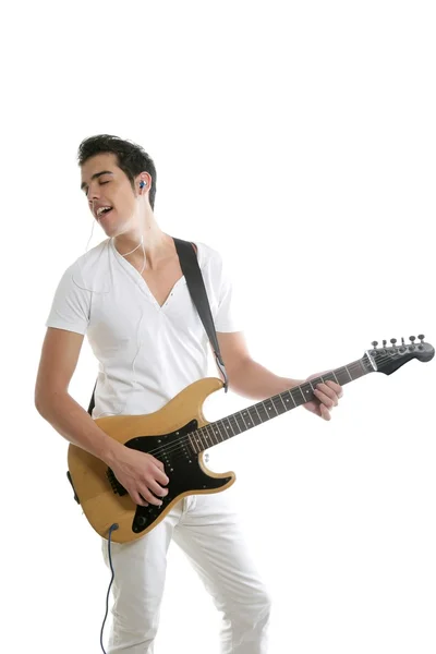 Zenész fiatal ember játszik elektromos gitár — Stock Fotó