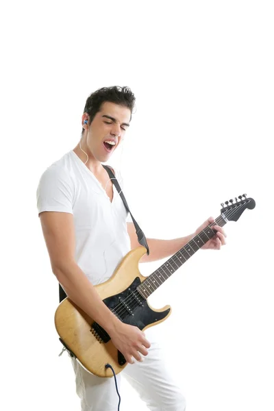 Zenész fiatal ember játszik elektromos gitár — Stock Fotó