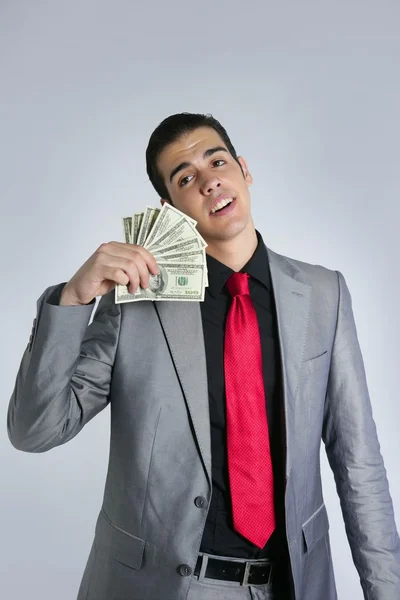Empresário com notas de dólar terno e gravata — Fotografia de Stock