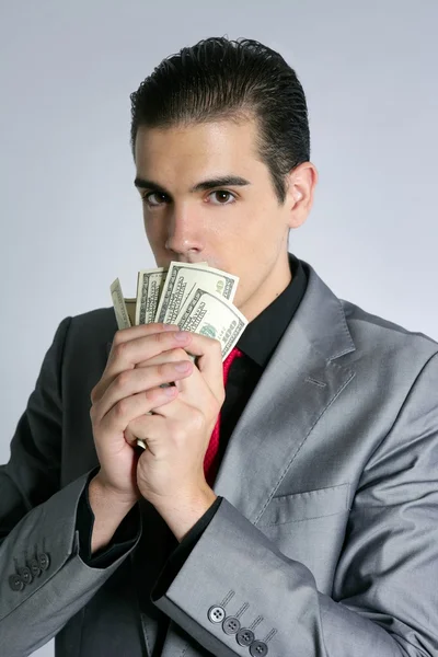 Empresário com notas de dólar terno e gravata — Fotografia de Stock