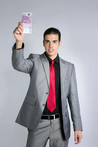 Retrato formal de joven empresario con billete de 500 euros —  Fotos de Stock
