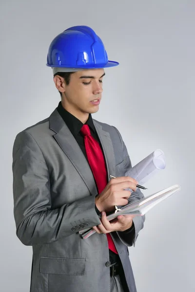Építész-mérnök, kék hardhat — Stock Fotó
