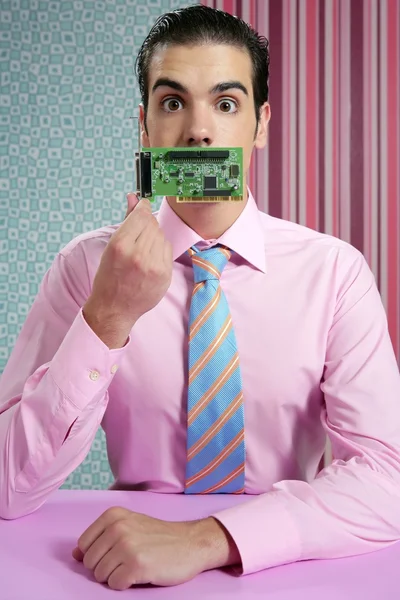 Uomo d'affari con circuito elettronico in faccia — Foto Stock