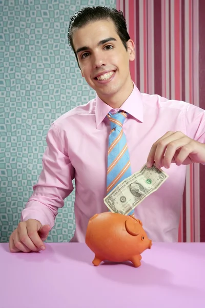 Businessman with piggy bank dollar note — Stock Photo, Image