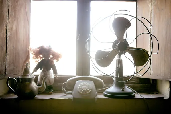 Антикварный вентилятор, кукла и телефон — стоковое фото