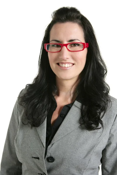 व्यवसाय महिला लाल चष्मा पोर्ट्रेट राखाडी सूट — स्टॉक फोटो, इमेज
