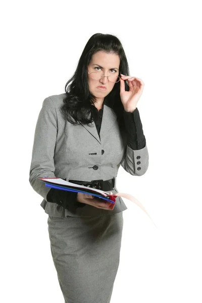 Kobieta nieszczęśliwa folderu dokumentu wyniki — Zdjęcie stockowe