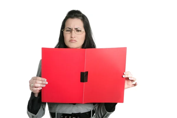 Geschäftsfrau unglücklich Ordner Dokument Ergebnisse — Stockfoto