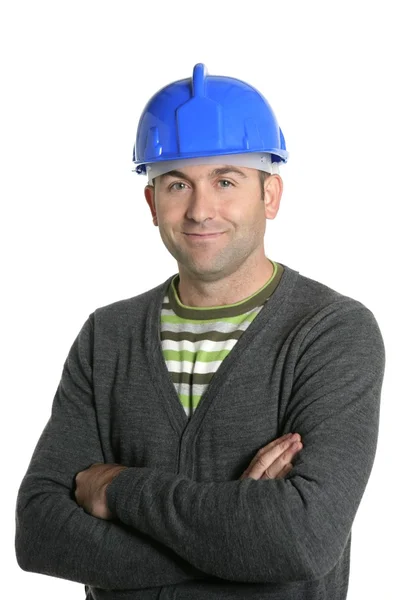Blauwe veiligheidshelm foreman portret in wit — Stockfoto