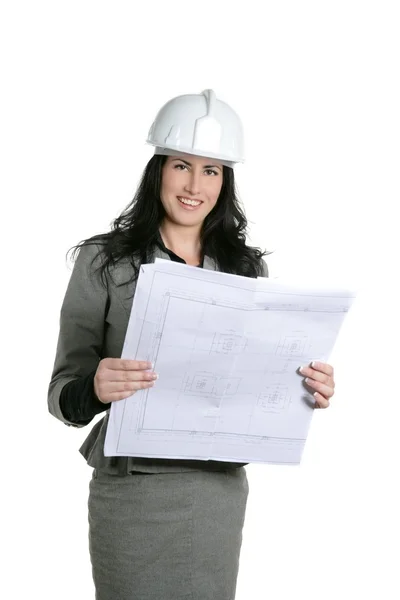 Architekt biały dama kasków ochronnych i planu — Zdjęcie stockowe