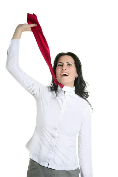 Depressed businesswoman strangle suicide tie — Stock Photo, Image