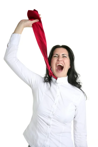 Depressed businesswoman strangle suicide tie — Stock Photo, Image