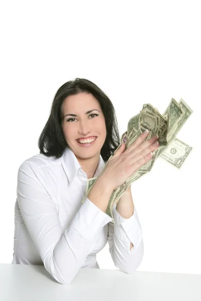 Dollar notes in happy brunette woman hands — Stock Photo, Image